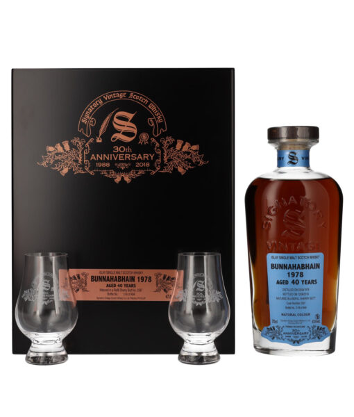 Signatory Vintage BUNNAHABHAIN 40 Years Old 30th ANNIVERSARY 1978 478 Vol. 07l fa dobozban 2 poharral